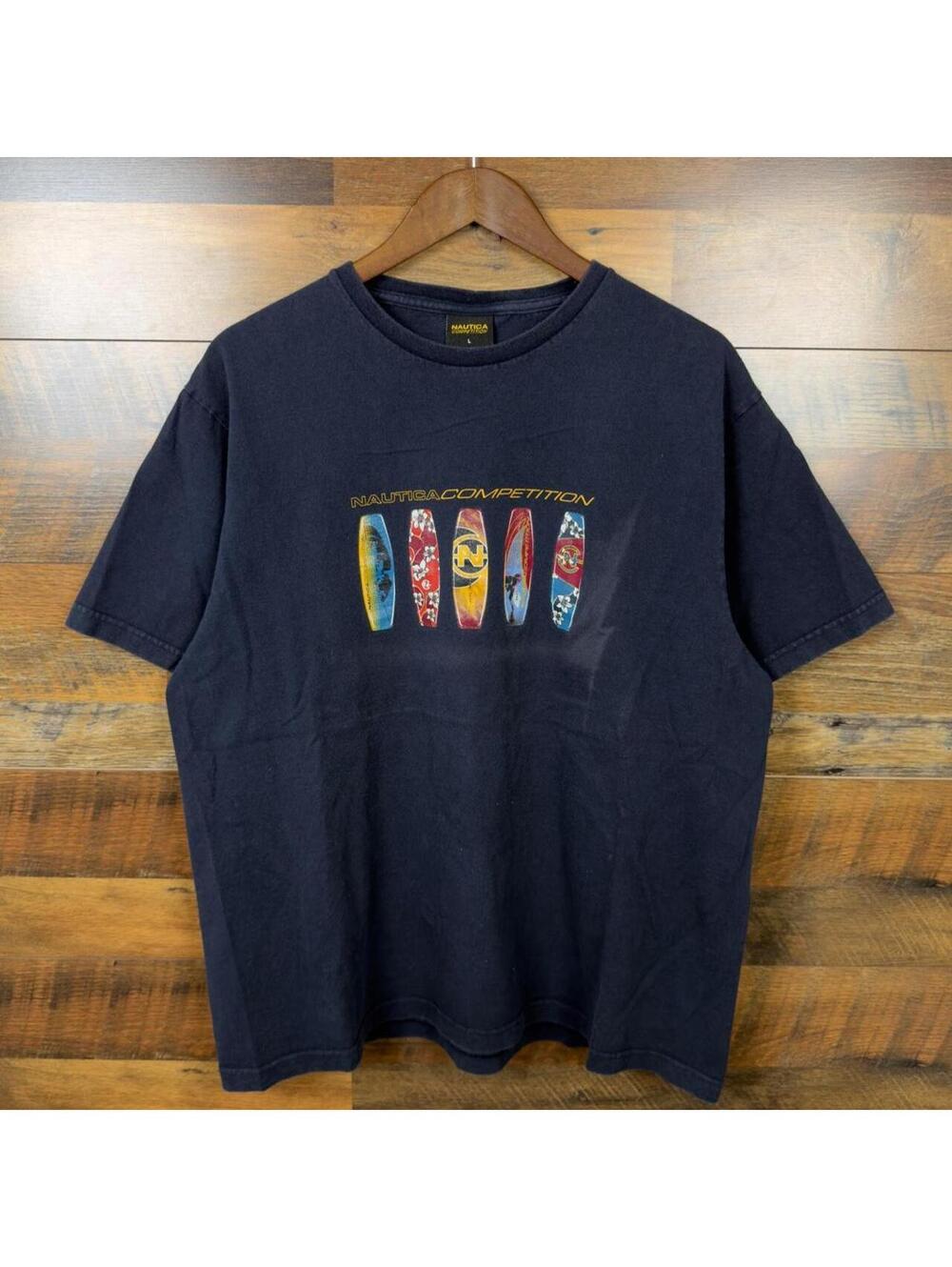 Nautica Competition Surfboard Graphic T-Shirt Men’s Large Navy Y2K
